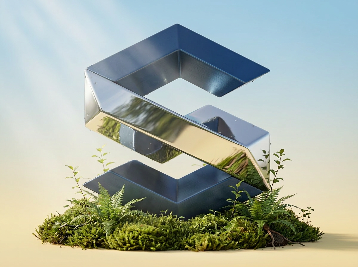 Polished SunVex steel S-sculpture nested in living moss and ferns, symbolising green steel